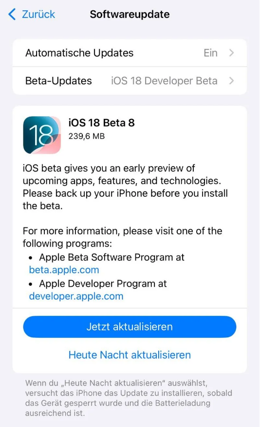 绥宁苹果手机维修分享苹果 iOS / iPadOS 18 开发者预览版 Beta 8 发布 